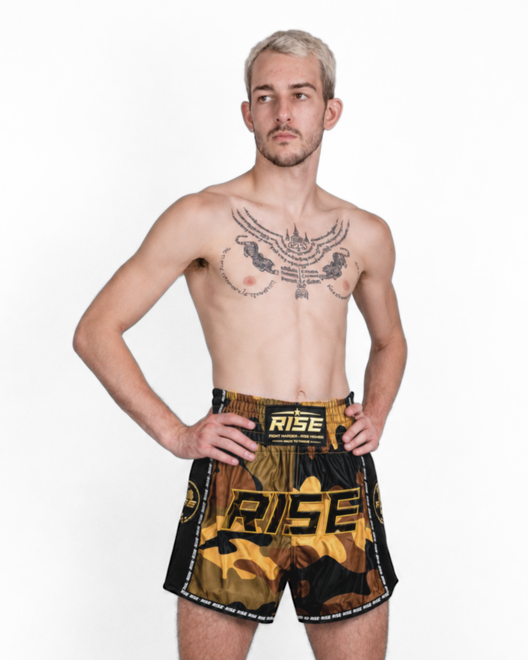 RISE MUAY THAI SHORTS CAMO COLLECTION (BROWN/GOLD)
