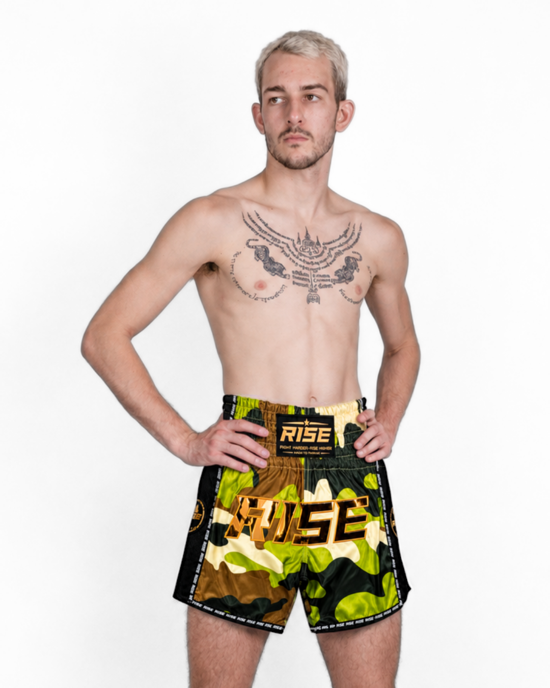 RISE MUAY THAI SHORTS CAMO COLLECTION (GREEN/GOLD)