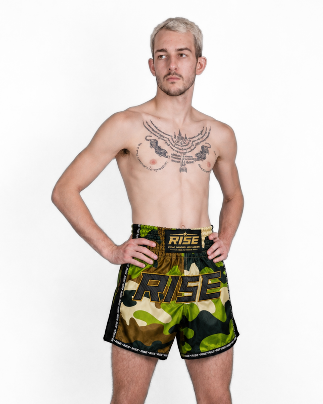RISE MUAY THAI SHORTS CAMO COLLECTION (GREEN/BLACK)