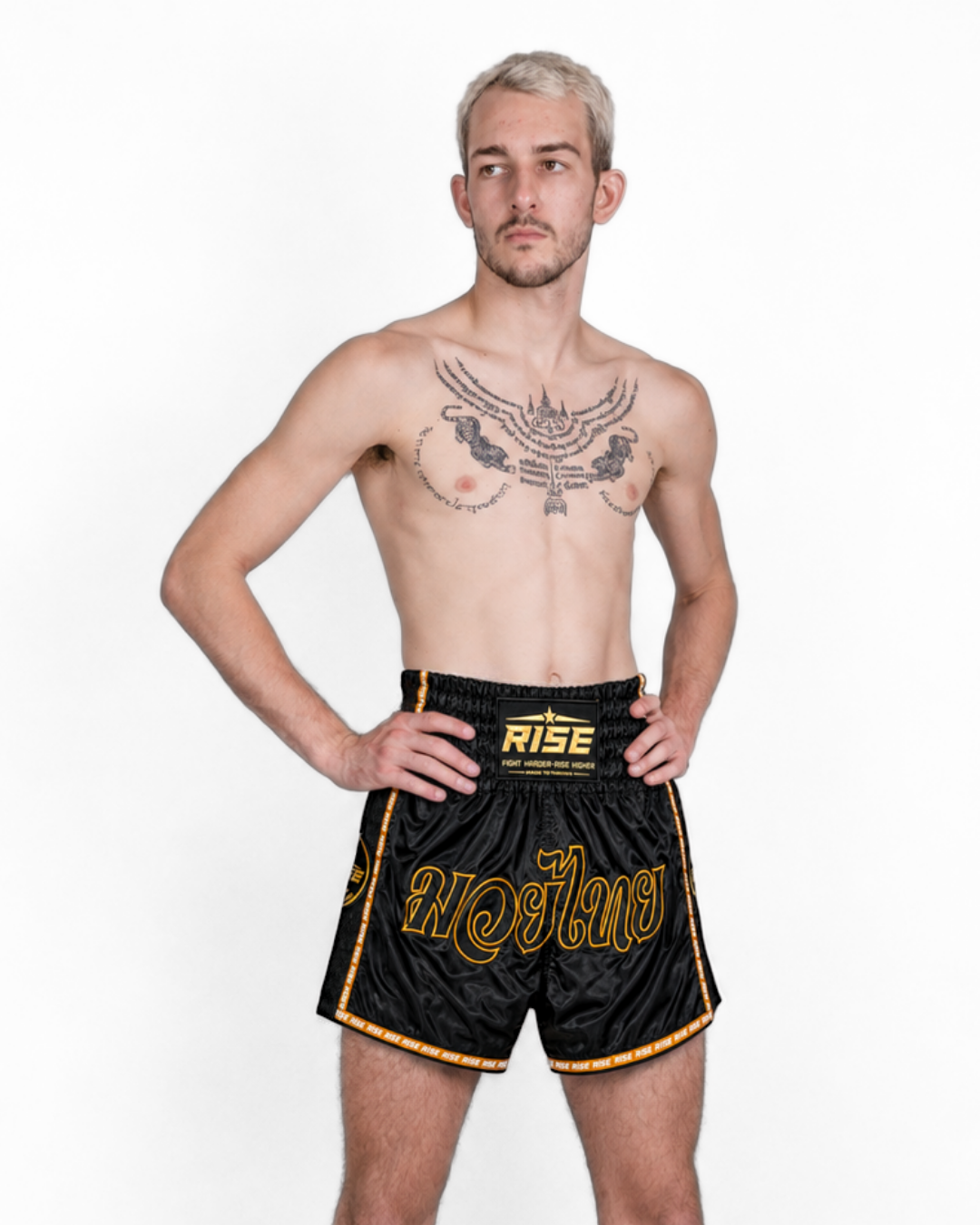 RISE 'THAI LANGUAGE' MUAY THAI SHORTS (BLACK)