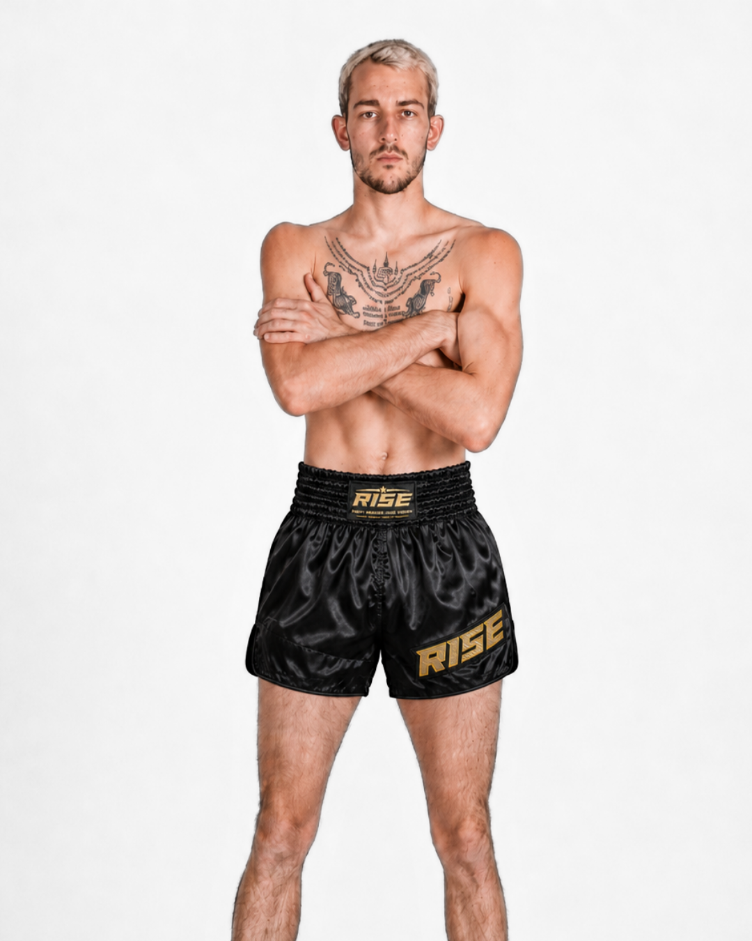 RISE CLASSIC MUAY THAI SATIN SHORTS (BLACK/GOLD)