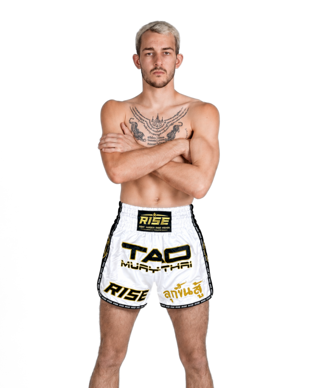 RISE X TAO MUAY THAI SHORTS (WHITE)