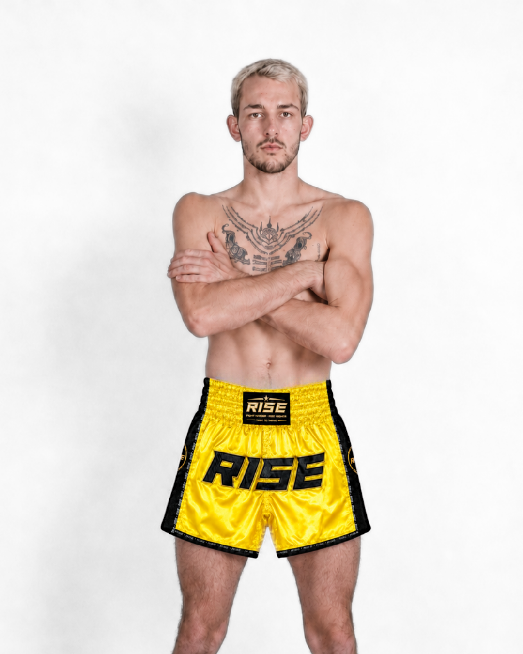 RISE MUAY THAI SHORTS SATIN (NEON YELLOW/BLACK)