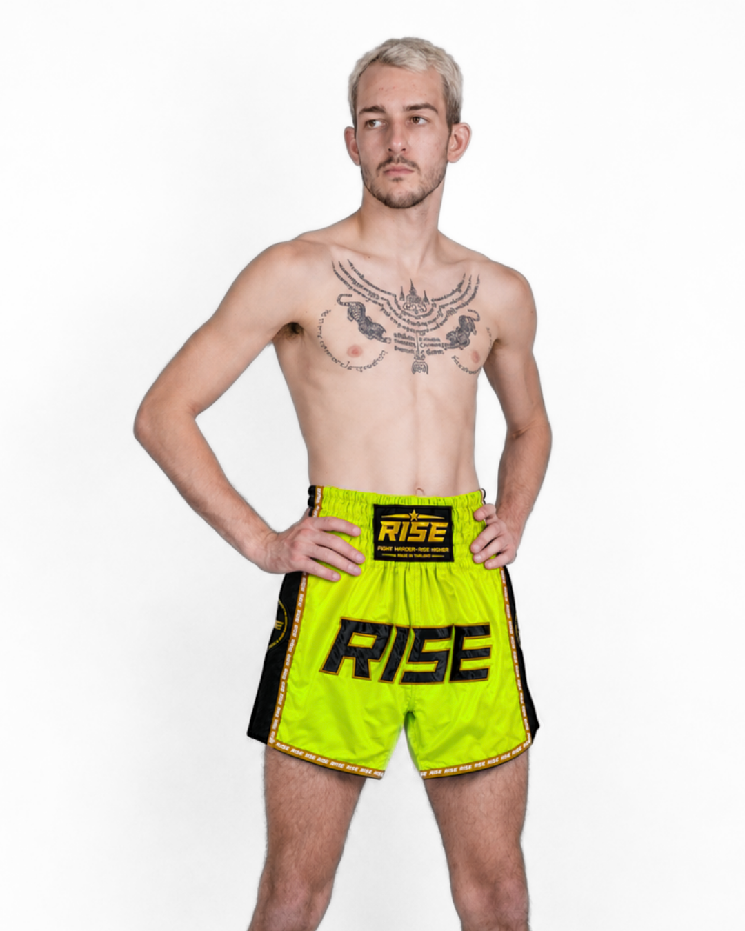 RISE MUAY THAI SHORTS BLACK MESH COLLECTION (NEON GREEN)