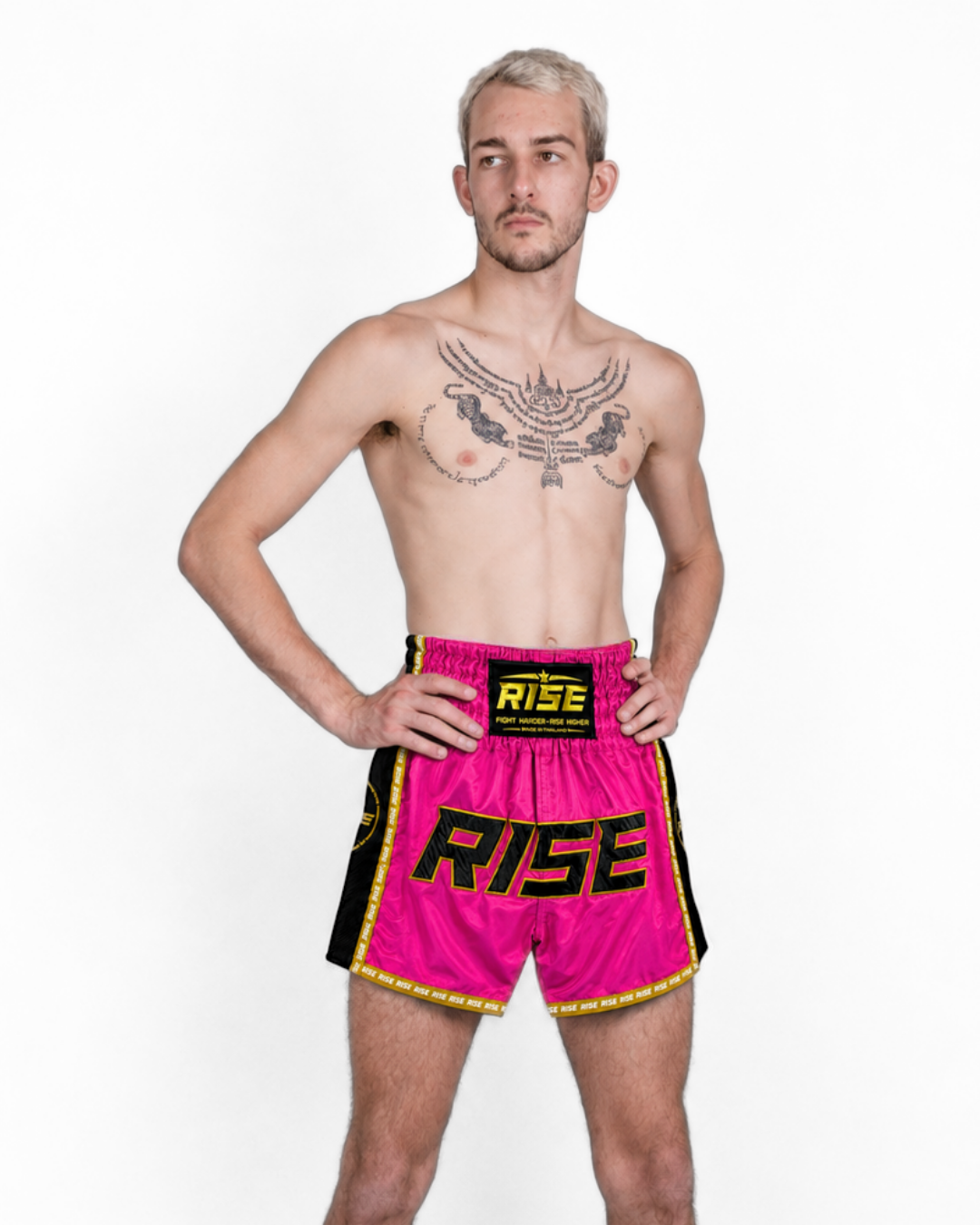 RISE MUAY THAI SHORTS BLACK MESH COLLECTION (PINK)