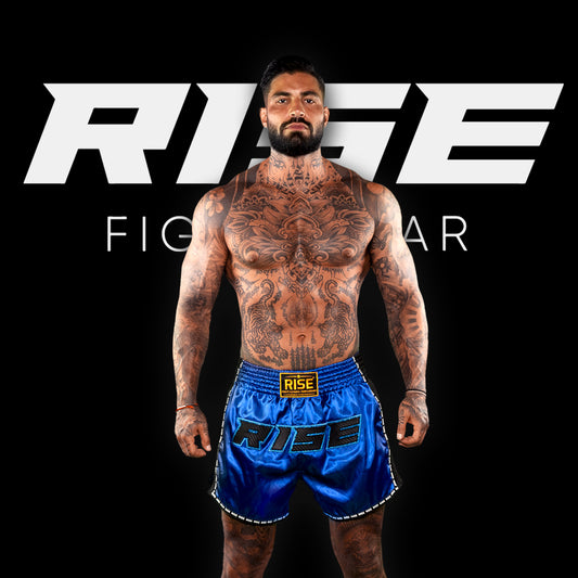 RISE MUAY THAI SHORTS SATIN (BLUE/BLACK)