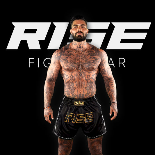 'BLACKOUT' MUAY THAI SHORTS (GOLD STITCH)