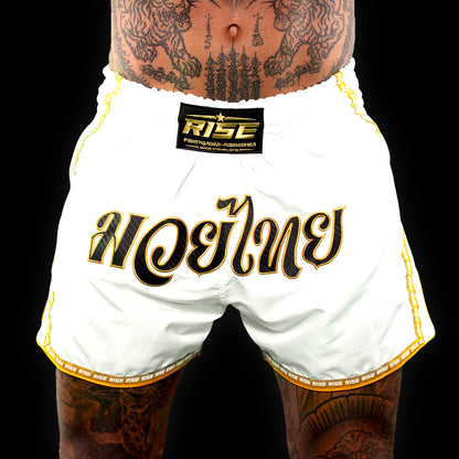 'THAI LANGUAGE' MUAY THAI SHORTS (WHITE)