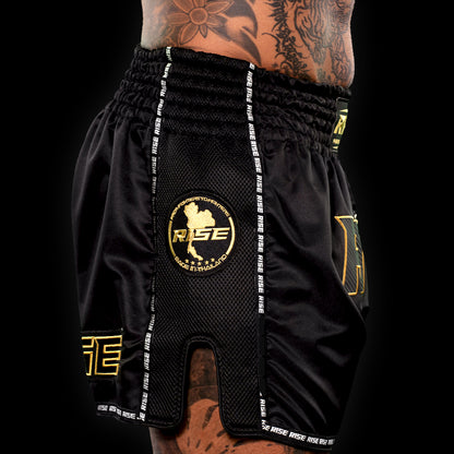 'BLACKOUT' MUAY THAI SHORTS (GOLD STITCH)