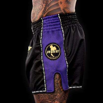 RISE MESH MUAY THAI SHORTS (BLACK/PURPLE)