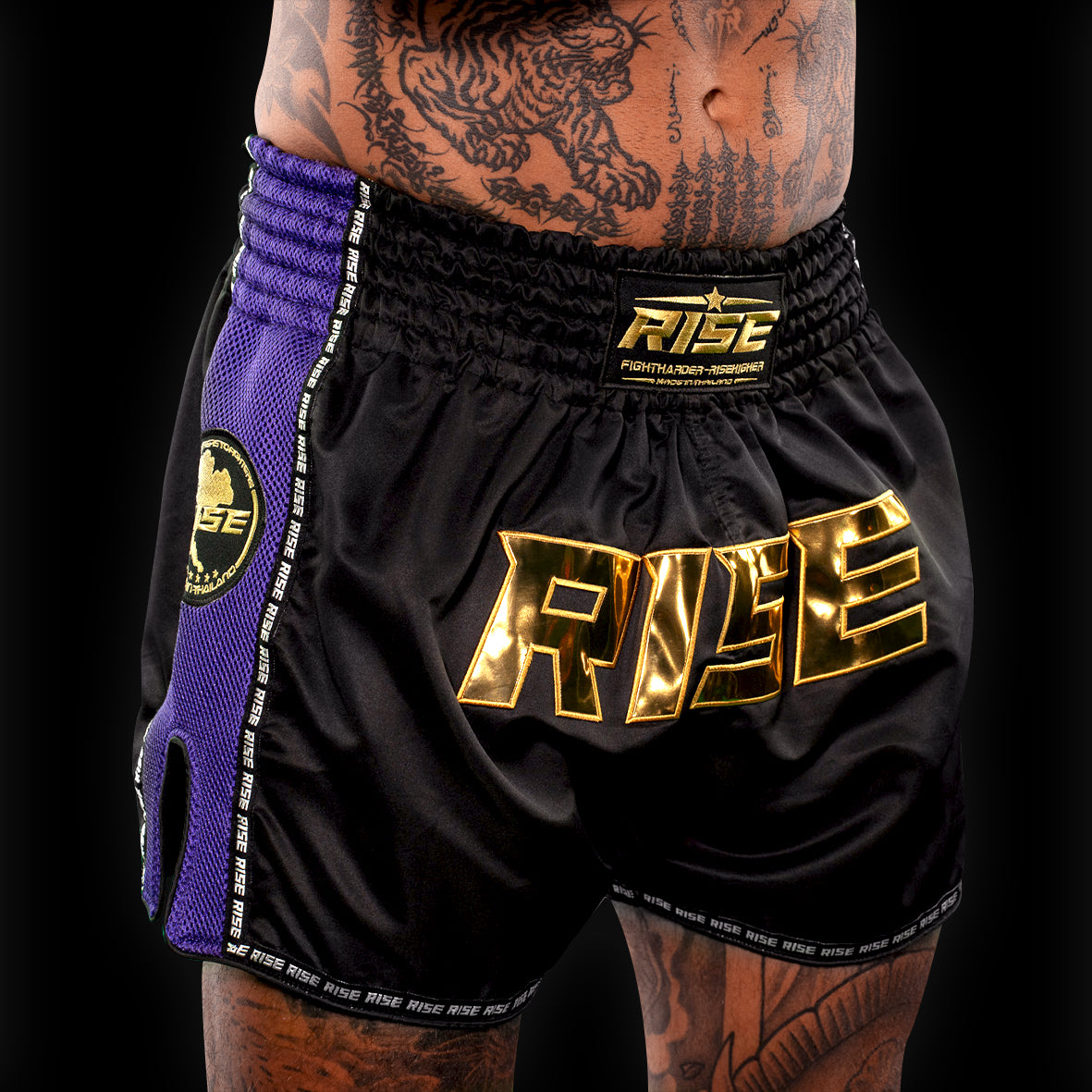 RISE MESH MUAY THAI SHORTS (BLACK/PURPLE)