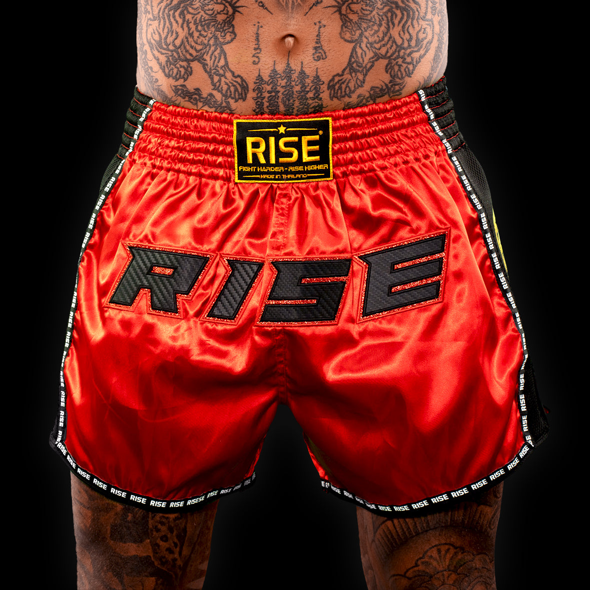 RISE MUAY THAI SHORTS SATIN (RED/BLACK)