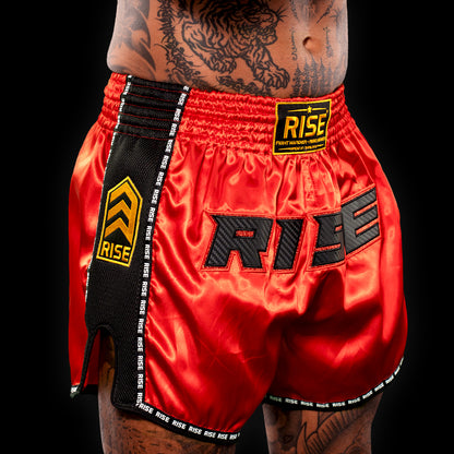 RISE MUAY THAI SHORTS SATIN (RED/BLACK)