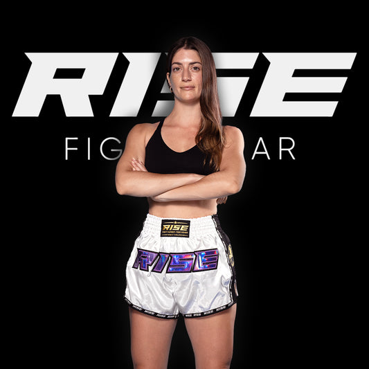 RISE MUAY THAI SHORTS SATIN (WHITE/PURPLE)