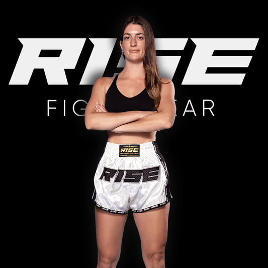 RISE MUAY THAI SHORTS SATIN (WHITE/BLACK)