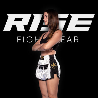 RISE MUAY THAI SHORTS SATIN (WHITE/BLACK)