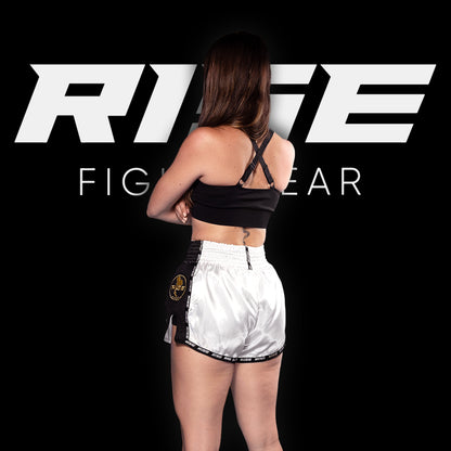 RISE MUAY THAI SHORTS SATIN (WHITE/BLACK)