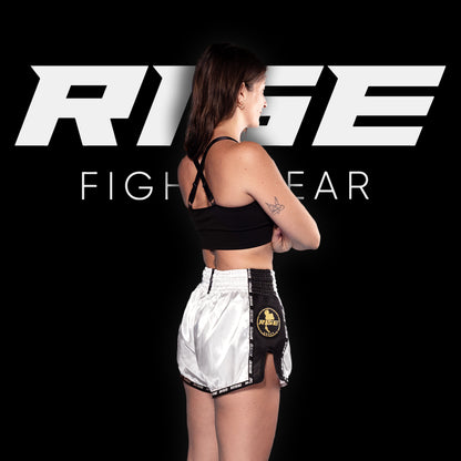 RISE MUAY THAI SHORTS SATIN (WHITE/BLACK)