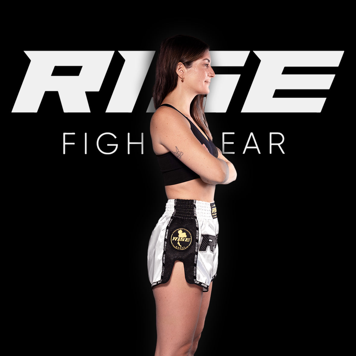 RISE MUAY THAI SHORTS SATIN (WHITE/BLACK)