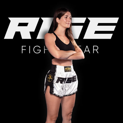 RISE MUAY THAI SHORTS SATIN (WHITE/BLACK)