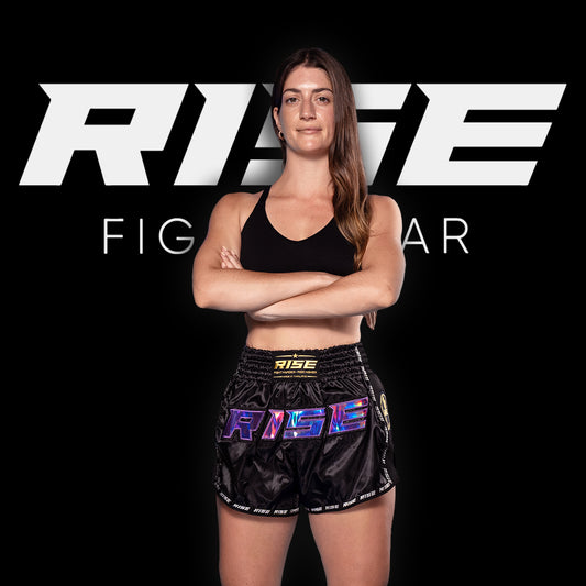 RISE MUAY THAI SHORTS SATIN (BLACK/PURPLE)