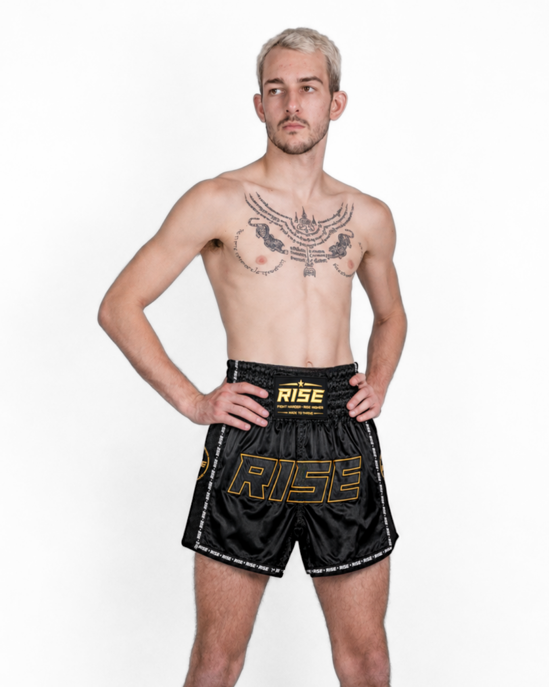 RISE 'BLACKOUT' MUAY THAI SHORTS (GOLD STITCH)
