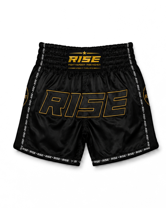 RISE 'BLACKOUT' MUAY THAI SHORTS (GOLD STITCH)