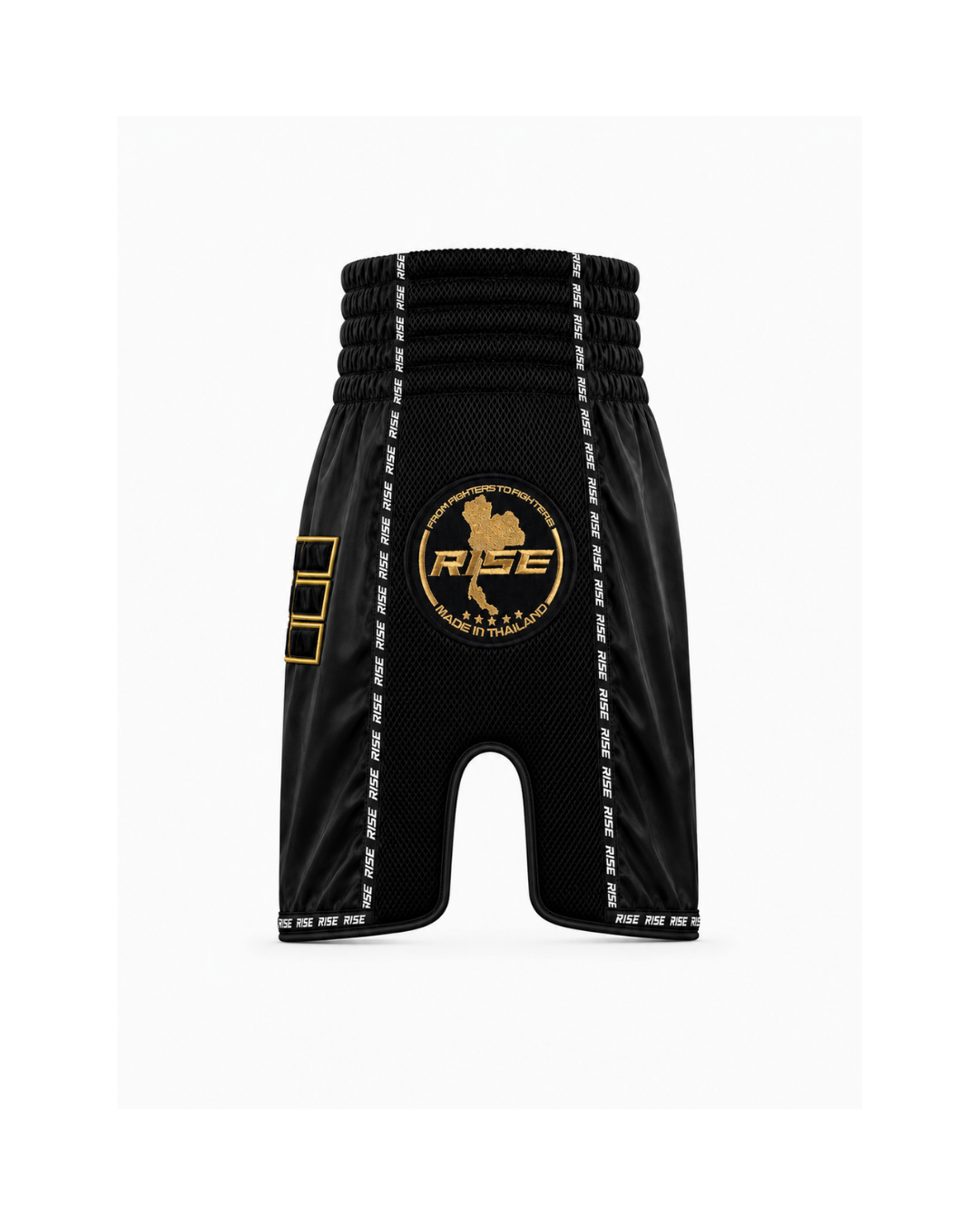 RISE 'BLACKOUT' MUAY THAI SHORTS (GOLD STITCH)