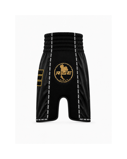 RISE 'BLACKOUT' MUAY THAI SHORTS (GOLD STITCH)