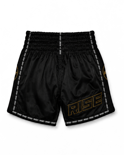RISE 'BLACKOUT' MUAY THAI SHORTS (GOLD STITCH)