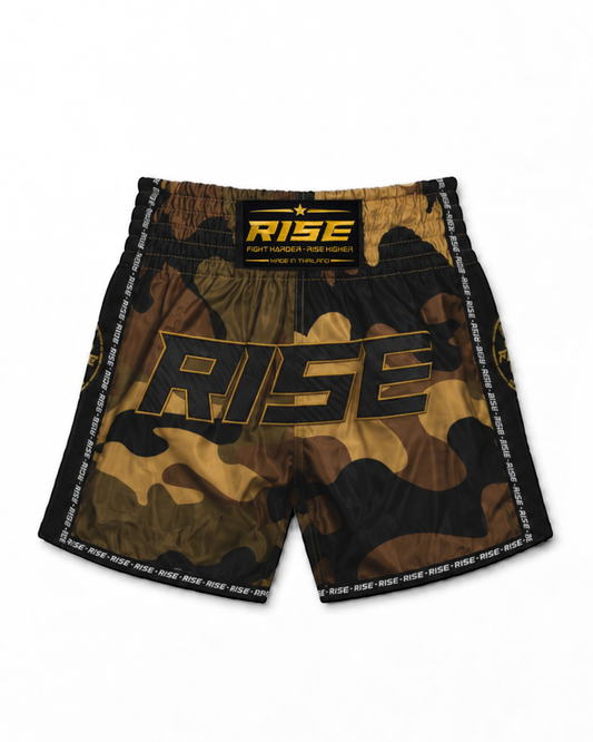 RISE MUAY THAI SHORTS CAMO COLLECTION (BROWN/BLACK)
