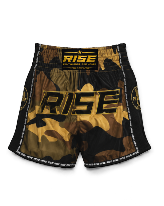 RISE MUAY THAI SHORTS CAMO COLLECTION (BROWN/GOLD)