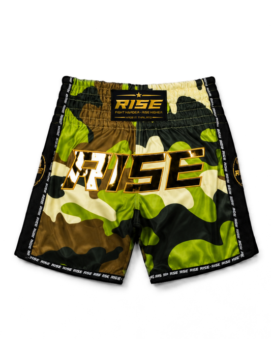 RISE MUAY THAI SHORTS CAMO COLLECTION (GREEN/GOLD)