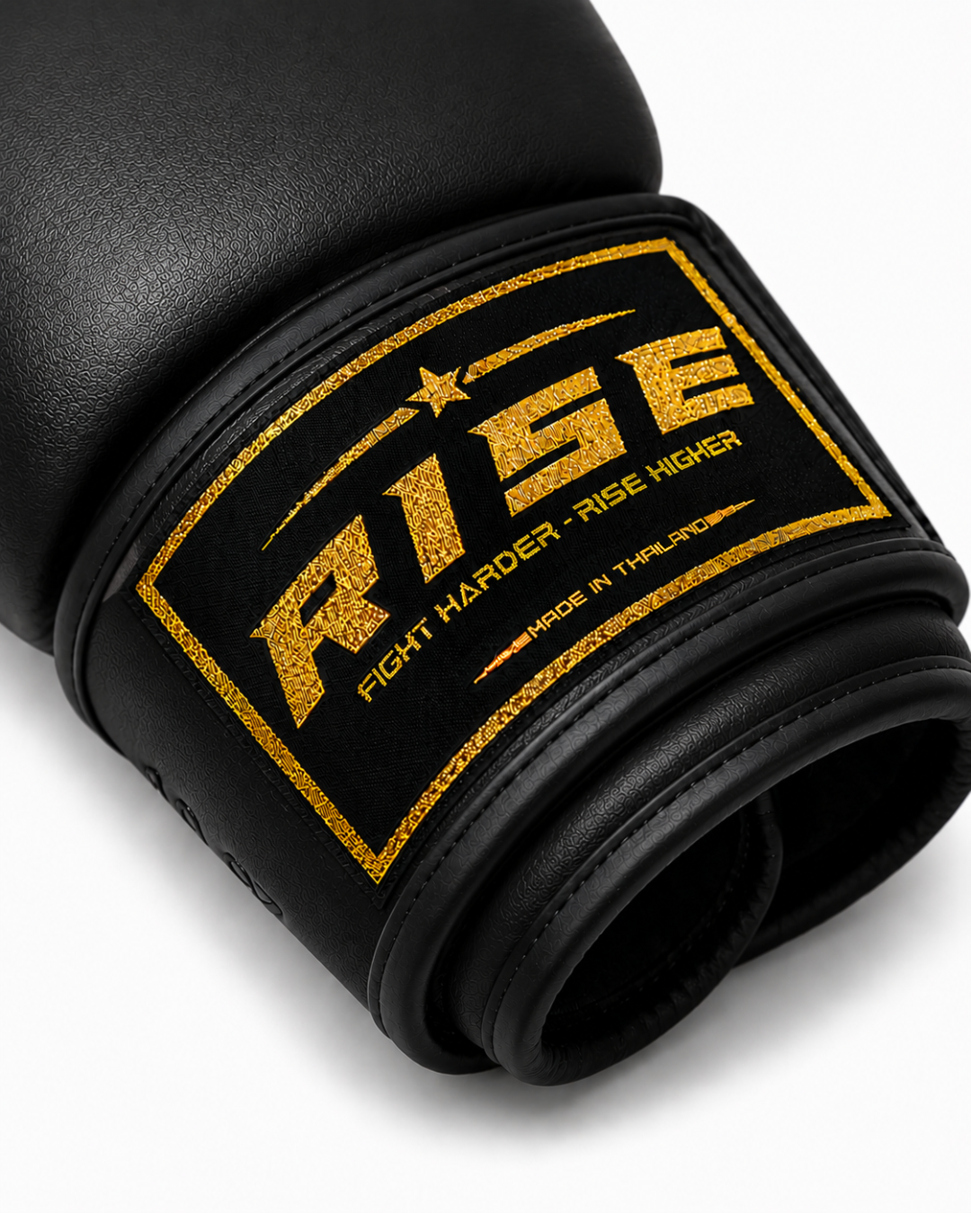 Black boxing glove with gold 'RISE' logo on a white background