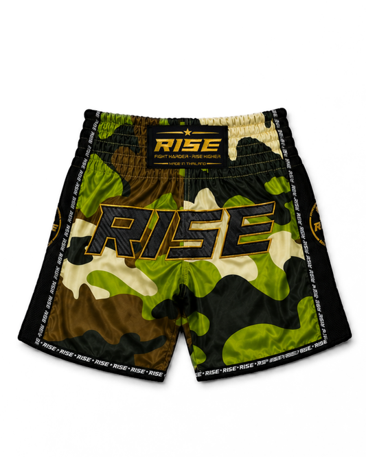 RISE MUAY THAI SHORTS CAMO COLLECTION (GREEN/BLACK)