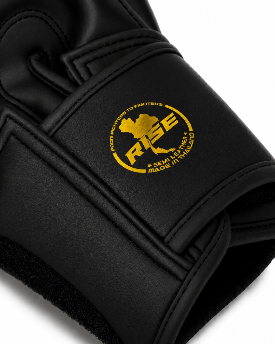 Black boxing glove with a gold logo on a white background