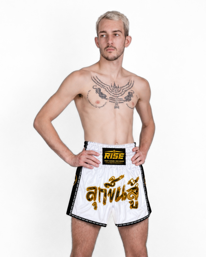 RISE 'RISE TO FIGHT' MUAY THAI SHORTS (WHITE)