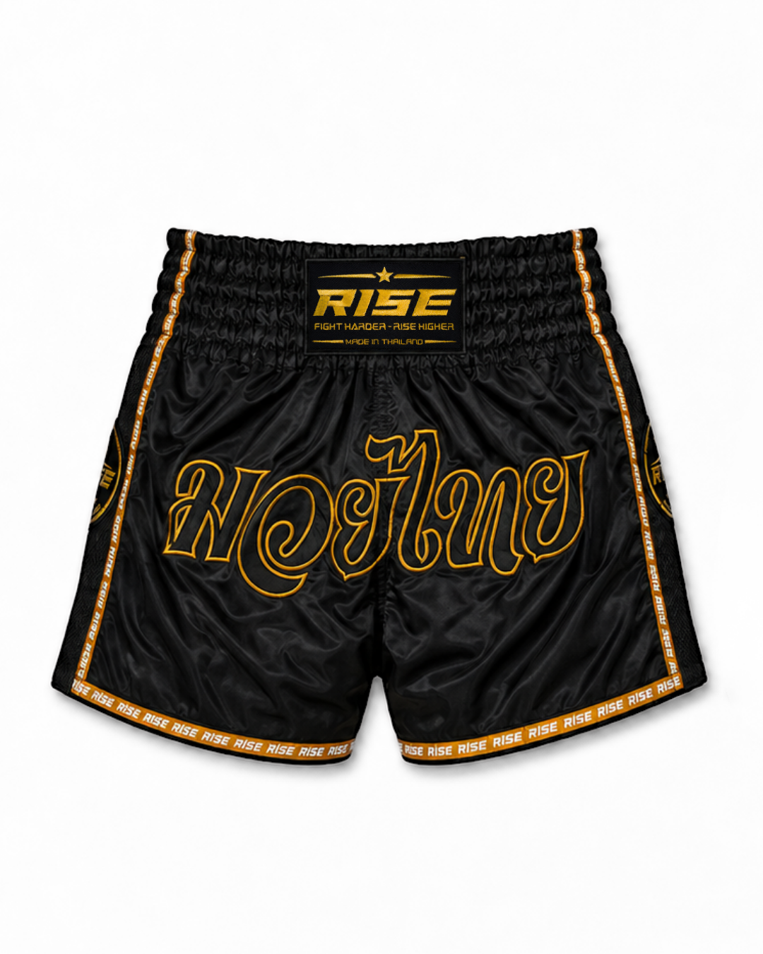 RISE 'THAI LANGUAGE' MUAY THAI SHORTS (BLACK)