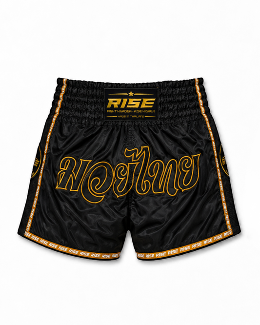 RISE 'THAI LANGUAGE' MUAY THAI SHORTS (BLACK)