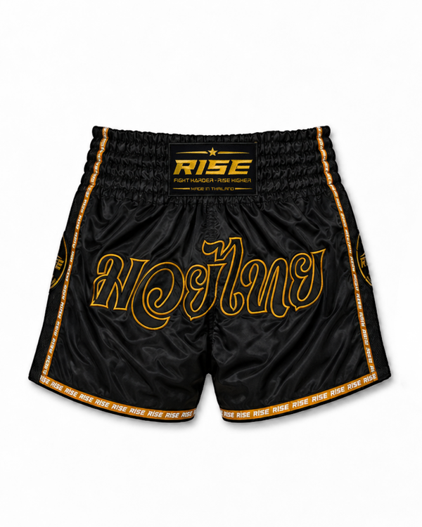 RISE 'THAI LANGUAGE' MUAY THAI SHORTS (BLACK)