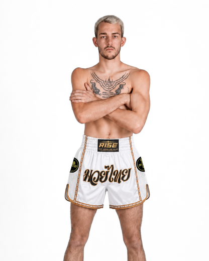 RISE 'THAI LANGUAGE' MUAY THAI SHORTS (WHITE)