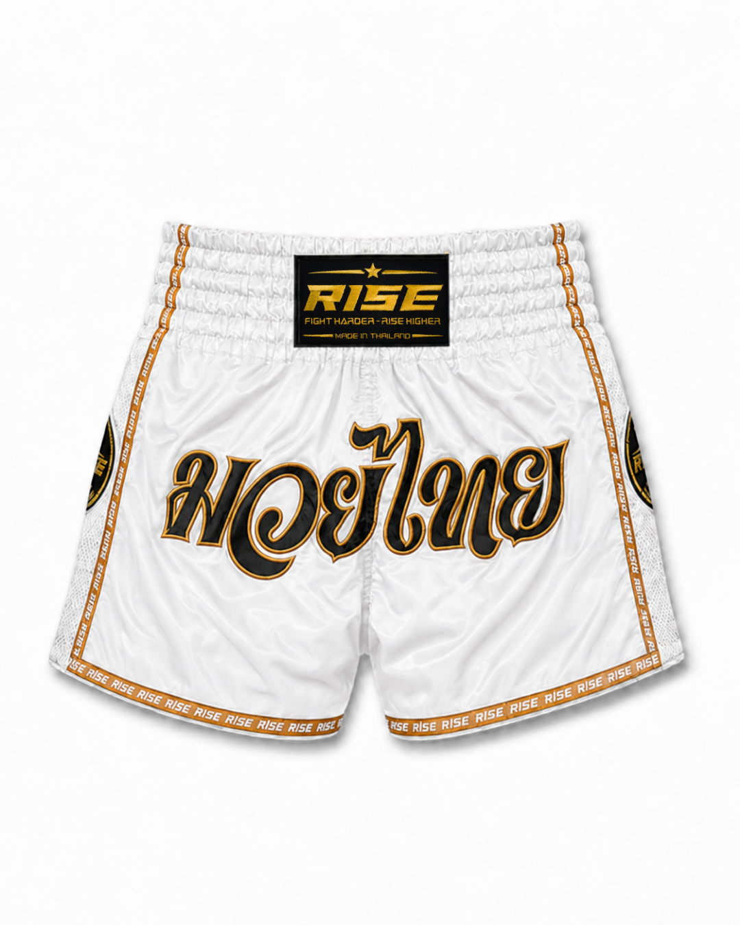 RISE 'THAI LANGUAGE' MUAY THAI SHORTS (WHITE)
