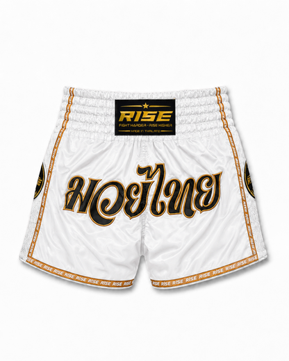 RISE 'THAI LANGUAGE' MUAY THAI SHORTS (WHITE)