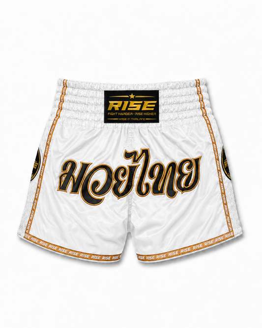 RISE 'THAI LANGUAGE' MUAY THAI SHORTS (WHITE)