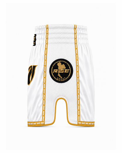 RISE 'THAI LANGUAGE' MUAY THAI SHORTS (WHITE)