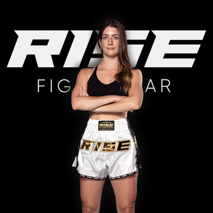 RISE MUAY THAI SHORTS SATIN (WHITE/GOLD)