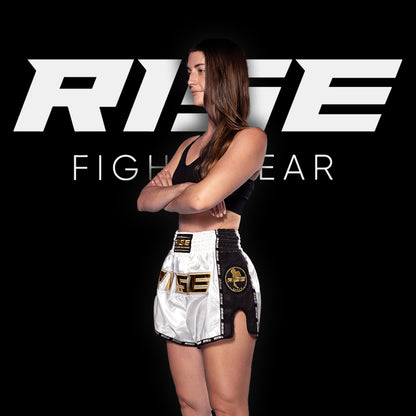 RISE MUAY THAI SHORTS SATIN (WHITE/GOLD)