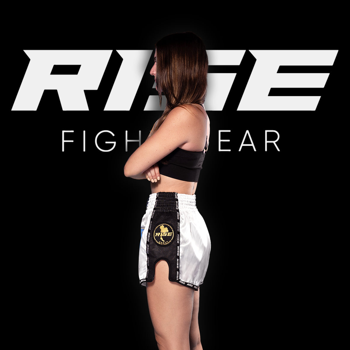 RISE MUAY THAI SHORTS SATIN (WHITE/GOLD)