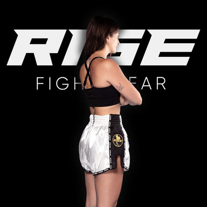 RISE MUAY THAI SHORTS SATIN (WHITE/GOLD)