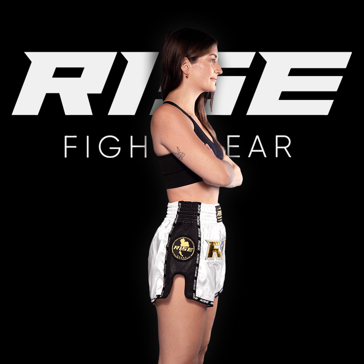 RISE MUAY THAI SHORTS SATIN (WHITE/GOLD)